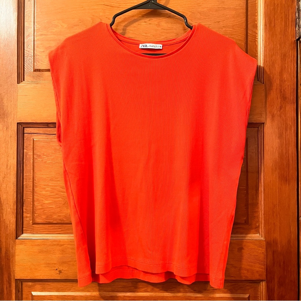 ZARA women's rib T-shirt coral - size large